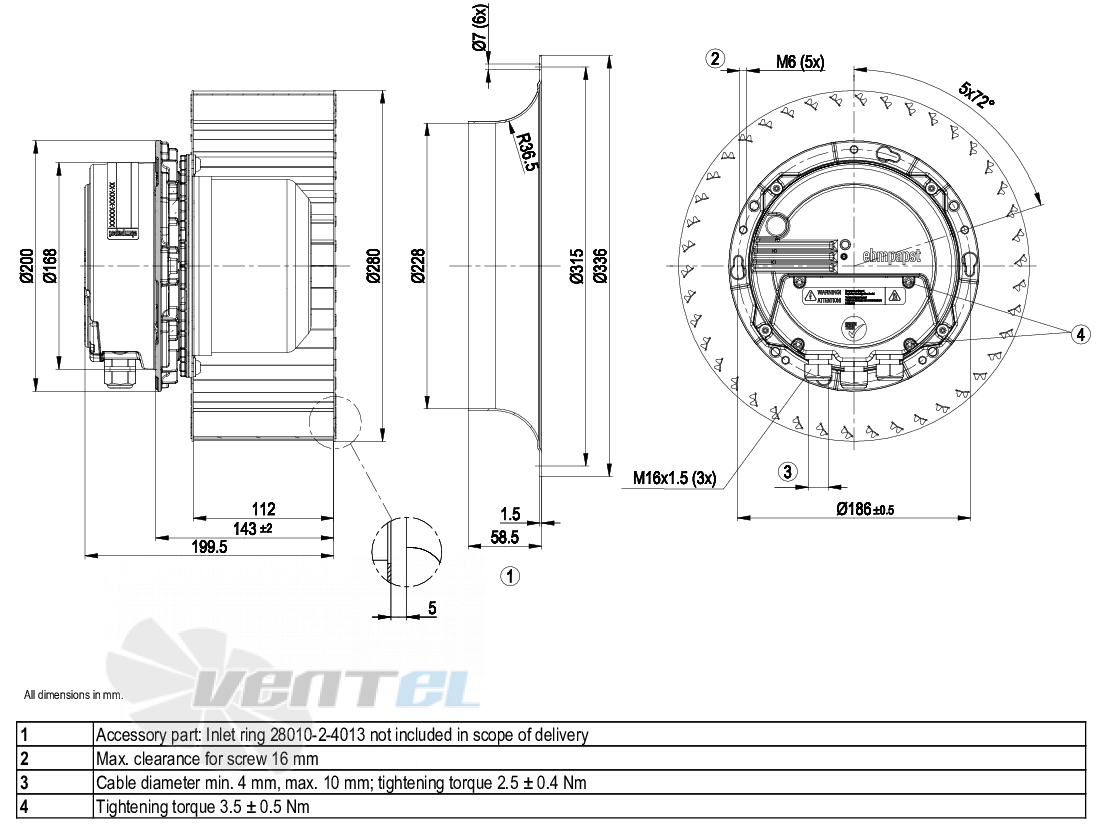 Габаритные размеры Ebmpapst R3G280-AN32-01