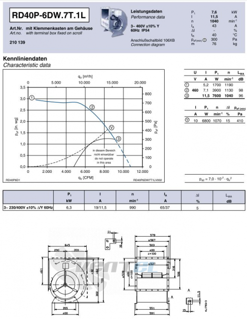 Ziehl-abegg RD40P-6DW.7T.1L двухстороннего всасывания