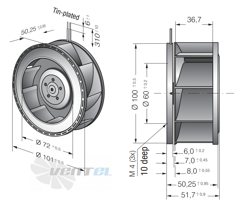 Чертеж и габаритные размеры Ebmpapst RER101-36/14-NHH