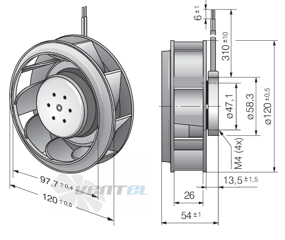 Габаритные размеры Ebmpapst RER120-26-14-2TDP