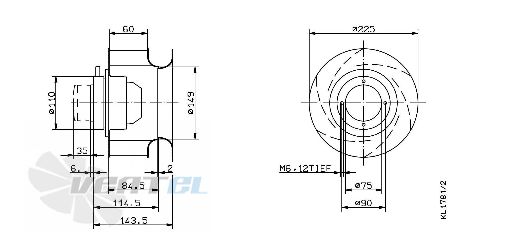 Габаритные и присоединительные размеры Ziehl-abegg RH22M-2EK.1B.2RR