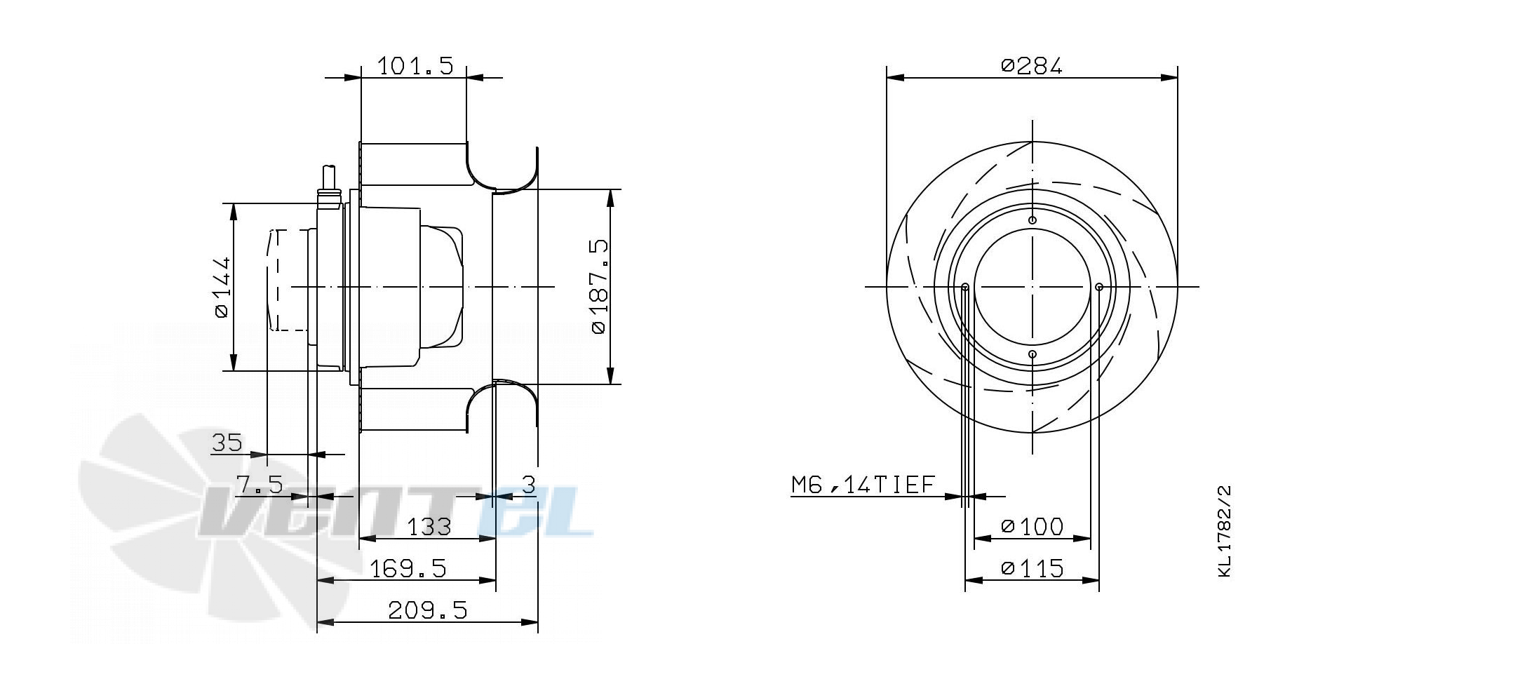 Габаритные и присоединительные размеры Ziehl-abegg RH28M-2EK.3I.1RR