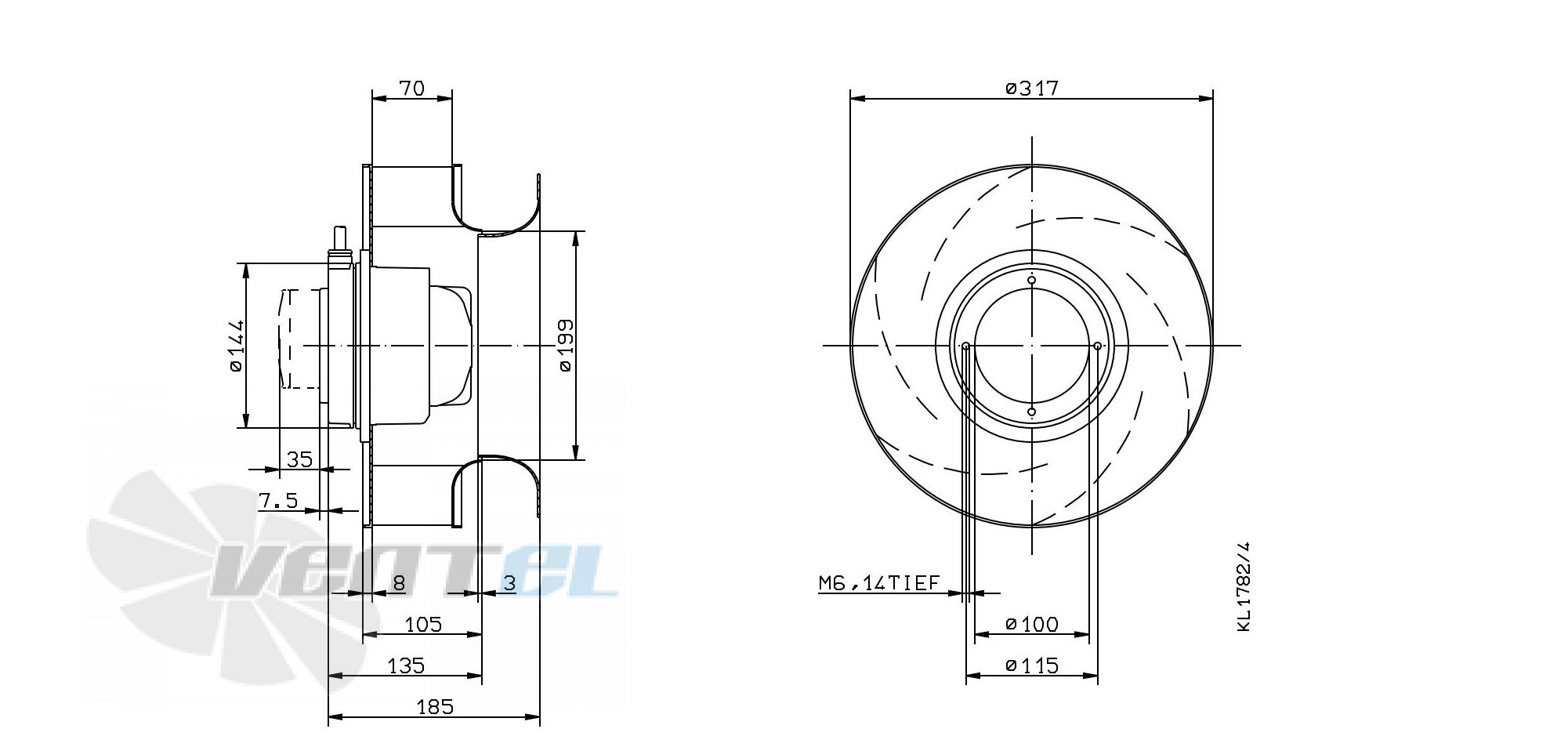 Габаритные и присоединительные размеры Ziehl-abegg RH31M-2EK.3F.2RR