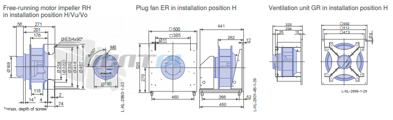 Ziehl-abegg ER40C-ZIK.DC.CR  3ф 220V габаритные и присоединительные размеры, диаметр, рабочее колесо
