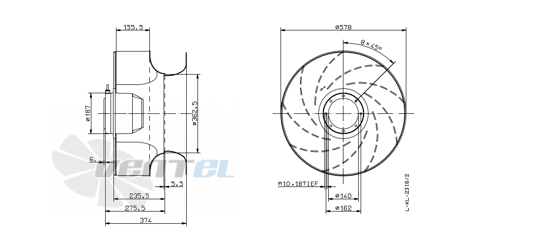 Габаритные и присоединительные размеры Ziehl-abegg RH56E-4DK.6N.1RR